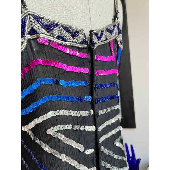 Vintage 90s Silk Sequin Slip Dress | Caché Beaded Cocktail Dress | M - Picture 4 of 7
